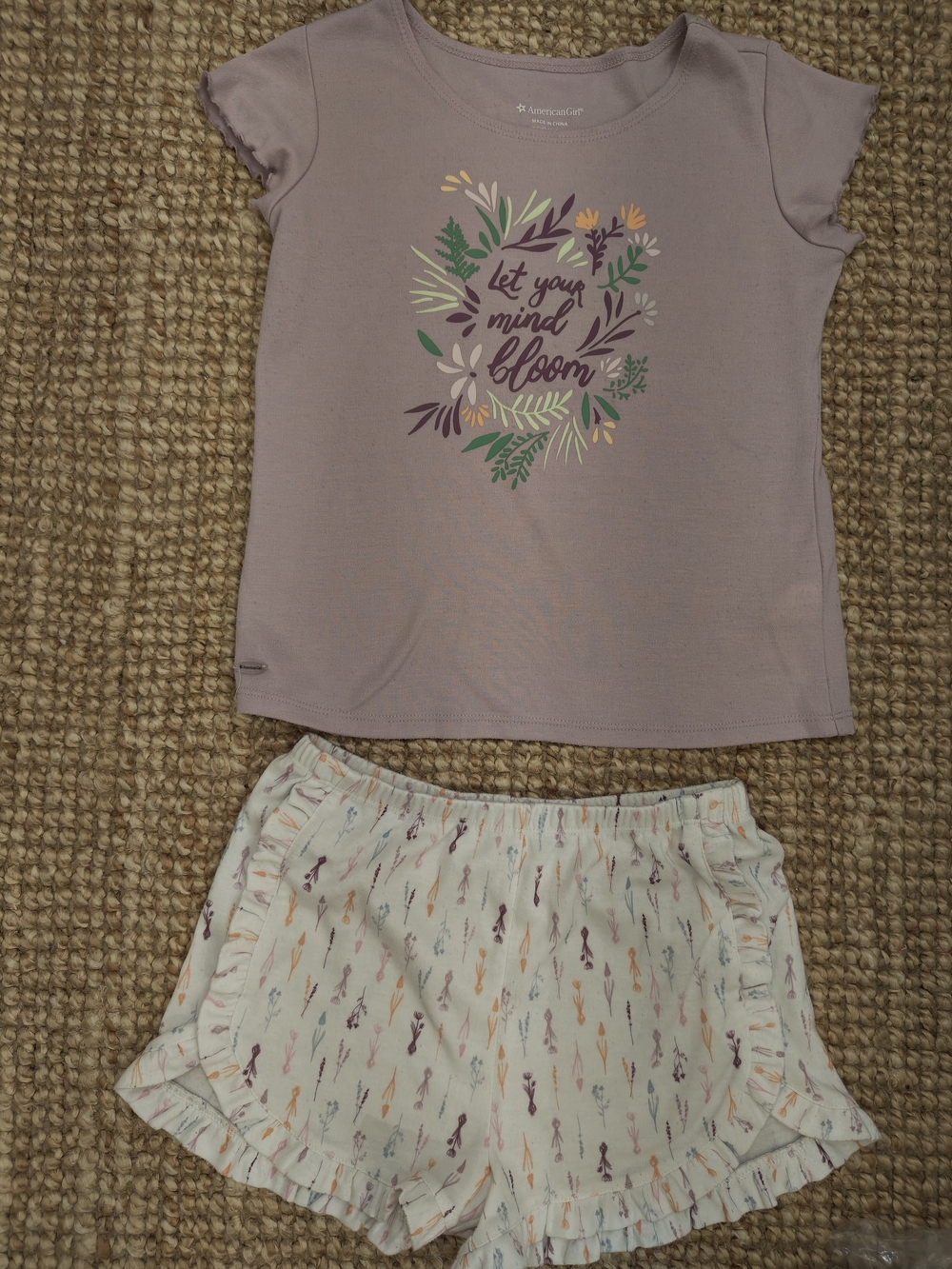 American Girl Blaire Lavender Tee and Cream Floral Ruffle Shorts Pajama Set